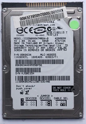 Hitachi Travelstar 60GB IDE 2.5" Laptop HDD Model IC25N060ATMR04-0 P/N: 08K0634 - Image 1 of 2