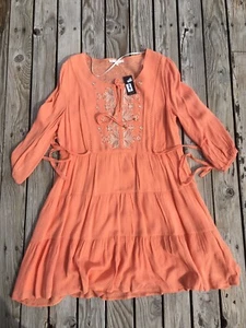 Miss Me orange besticktes gefüttertes Kleid 3/4 Arm Quaste Bindeband am Ausschnitt Gr. M Damen - Bild 1 von 12