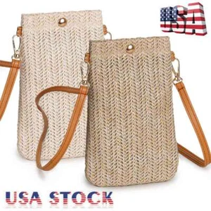 Women Straw Woven Handbag Summer Beach Rattan Crossbody Shoulder Phone Small Bag - Picture 1 of 14