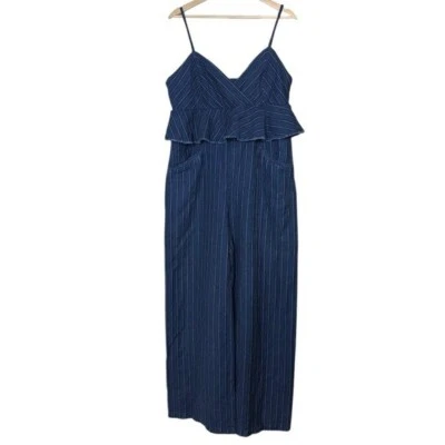 Anthropologie Striped Denim Ruffle Jumpsuit Size L Pockets Peplum Fringe Hem - Image 1 of 4