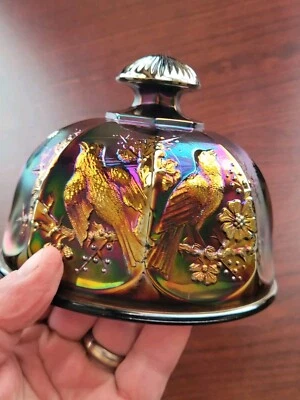 Purple Northwood Carnival Glass Singing Birds Pattern Butter Dish LID Chipped - Image 1 of 4