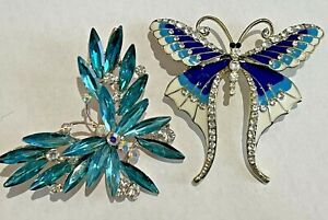 LOT Butterfly Crystal Rhinestones Brooch Pins Aqua Blue Vintage Fashion Enamel