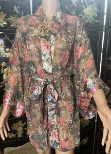 Victoria’s Secret Vtg ‘90s Gold Label Kimono Robe Sheer Pink Floral Satin Trim - Picture 1 of 12