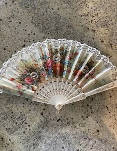 Victorian Style Painted Folding Hand Fan White Flowers Celluloid Blades Rare - Picture 1 of 3