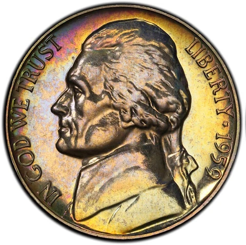 PR66 1959 5C Jefferson Proof Nickel PCGS Secure- Pretty Rainbow Toned Cover
