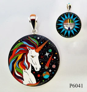 REVERSIBLE GALAXY TURQUOISE ONYX SUNGOD INLAY .925 UNICORN MEDALLION PENDANT - Picture 1 of 4