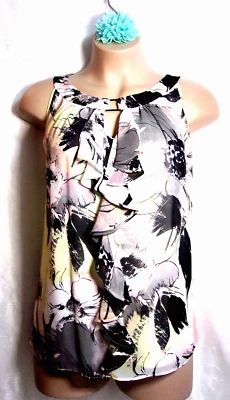 Alyx Pastel Yellow Gray Pink Bold Floral Ruffle Spring Women's Top Plus 3X - Image 1 of 4