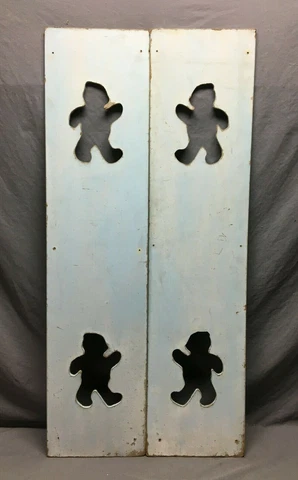 Vintage Pair Double Marching Bear Cutout Masonite 12x50 Shutters Blue Old 31-22B Cover