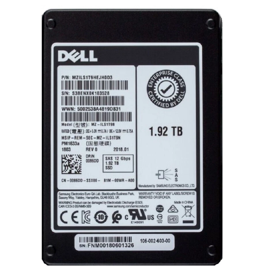 DELL Samsung PM1633a 1.92TB SSD 2.5" SAS 12Gb/s MZ-ILS1T9B Solid State Drive - Bild 1 von 1