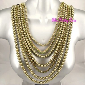 Olive Green Statement Multi Layered Pearl Feature Necklace w/ Swarovski Crystals - Picture 1 of 5