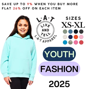 LAT 2296 Youth Unisex Long Sleeve Pullover Fleece Super Comfortable Soft Hoodie - Picture 1 of 25
