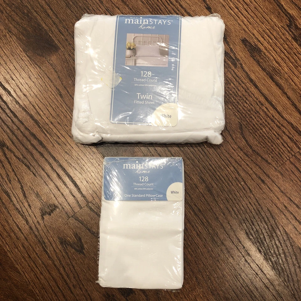 New MainStays Twin White Fitted Sheet & Standard Pillow Case 128 Thread Count  - Image 1 of 4