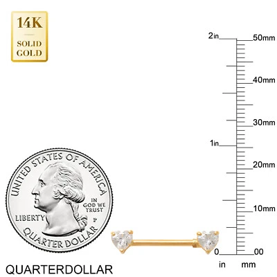 14K Solid Gold Cubic Zirconia CZ Heart Straight Barbell Nipple Piercing  14g - Image 1 of 3