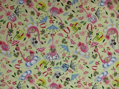 REMOLQUE FLAMENCO PIÑA PALMERA FLAMENCOS TROPICAL AMARILLO TELA DE ALGODÓN BTHY Foto 1 de 4