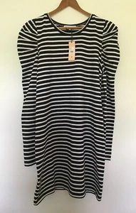 Rebecca Minkoff Sz XL Talia Long Puff Sleeve Striped T-Shirt Dress Black/ECRU - Picture 1 of 12
