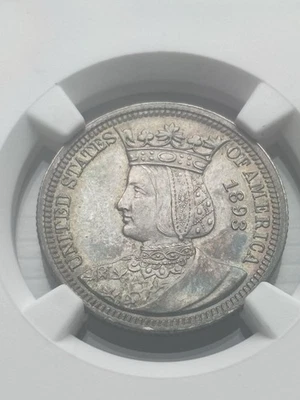 1893 Isabella Commemorative Silver Quarter 25c NGC MS 62 Toned - Image 1 of 4