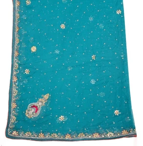 Sushila Vintage Teal Blue Dupatta Floral Hand Beaded Pure Chiffon Silk LongStole - Picture 1 of 11