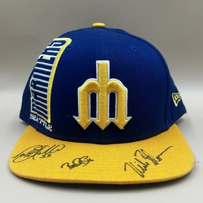 Seattle Mariners Cooperstown 9FIFTY Snapback Hat Signed x3 Blue Yellow - Image 1 of 4
