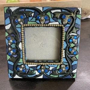Blue and White Glass Tile Mosaic Square Frame With Blue And White Rhinestones  - Picture 1 of 4