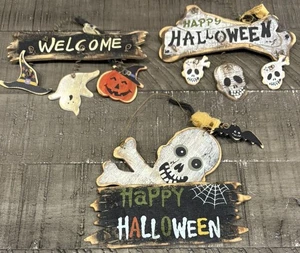 LOT OF 3 Wooden Halloween Ornaments Pumpkin, Ghost, Skull & Crossbones 6” X 4” - Picture 1 of 4
