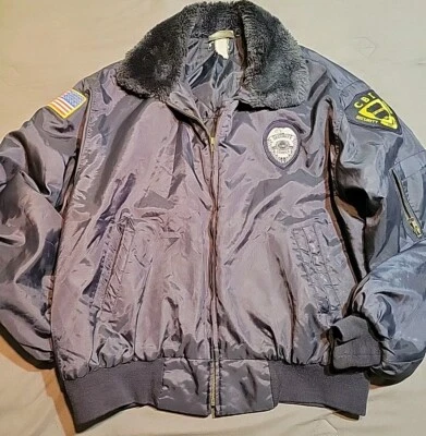 Vntg Sz LG Navy Blue Security Bomber Work Jacket Faux Fur Collar Cosplay Retro  - Image 1 of 4