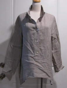 Chalet 100% Linen Brown Taupe Stripe Partial Button Tunic Shirt Blouse Large - Picture 1 of 6