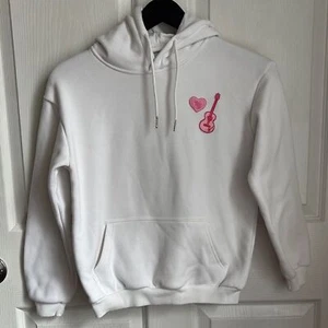 YOU NEED TO CALM DOWN White Hoodie Pink Guitar Heart Embroidered TS size 12 - Picture 1 of 11