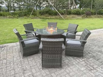 Fimous 6 Seater Rattan Round Gas Fire Pit Dining Table Set Garden Furniture Sets