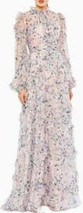 Maxi Vestido Formal Mac Duggal Floral Cuello Alto Manga Larga Fluido Volantes Talla 8 - Imagen 1 de 9