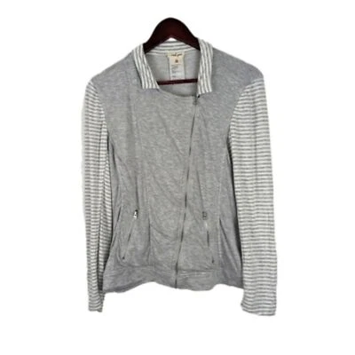 Chaqueta de mezclilla tribal gris y blanca con cremallera a rayas bolsillos talla mediana para mujer Foto 1 de 4
