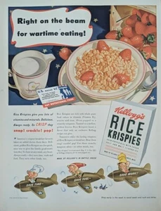 Anuncio impreso vintage de Kellogg's Rice Krispies 1943, personajes de dibujos animados en aviones - Imagen 1 de 1