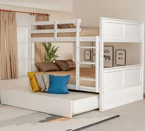 Modern Wooden Full Over Full Bunk Bed with Twin Size Trundle Bed Frame White - Picture 1 of 9