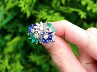 Multi Flower Design Simulated 2.25 TCW Sapphire &Emerald Cluster Wedding Ring - Image 1 of 4