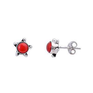 Red Coral Round Ethnic Handmade 925 Sterling Silver Stud Earrings 8 mm AK-122