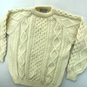 Vintage Aran Sweater Market Mens XL Cableknit Fisherman Ivory Wool Blend Ireland - Picture 1 of 11