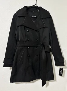 GUESS Women’s Black double breasted belted coat with Hoodie size MEDIUM NWT! - Picture 1 of 2