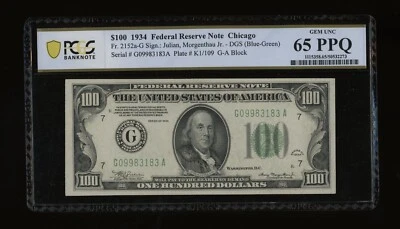 DBR 1934 $100 DGS FRN Chicago Gem Fr. 2152-Gdgs PCGS-B 65 PPQ Serial G09983183A - Image 1 of 2