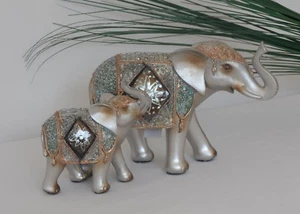 Statuina elefante e vitello argento ornamento statua oro rosa blu brillantini gemme regalo - Foto 1 di 3