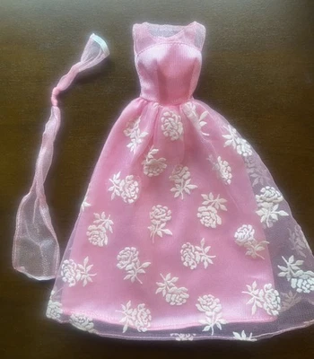 Vintage Pink w/ White Roses Lace Silk Dress For Barbie Pink Gown w/ scarf Mattel - Image 1 of 4