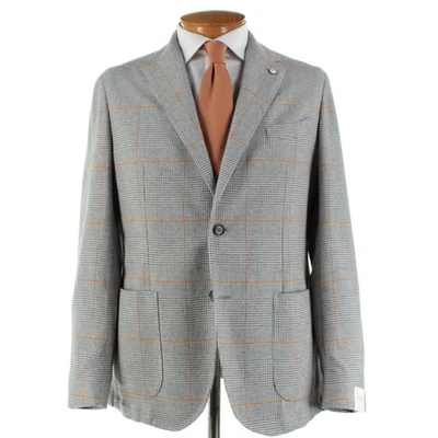 L.B.M. Casaco esportivo de algodão 1911 novo com etiquetas tamanho 52R (42R EUA) cinza com xadrez laranja - Imagem 1 de 4