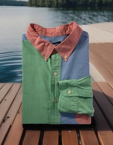 Chaps Men’s Long Sleeve Button Down Check Colorblock Shirt Sz XL Red Green Blue - Picture 1 of 10