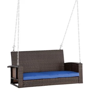 2 Person Wicker Porch Swing Chair, Hanging Patio Bench Seat, Blue - Picture 1 of 11