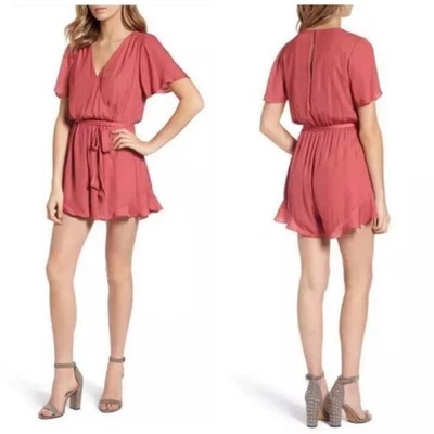 ASTR the Label rose pink faux wrap top belted ruffle trim romper size Large - Image 1 of 4
