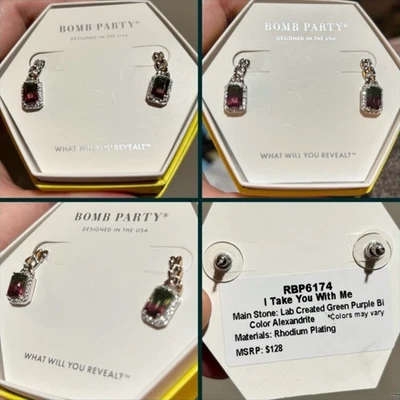 NUEVO EN CAJA Pendientes Bomb Party Alejandrita Verde/Púrpura en Baño de Rodio $128 Foto 1 de 2