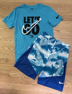 Nike Boys 2pc Outfit Shirt Shorts Set Blue Size M Medium 10/12 - Picture 1 of 5