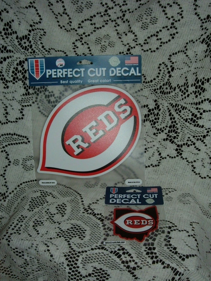 CINCINNATI REDS DECALS DIE CUT SET OF TWO 8" LOGO 4" STATE SHAPE CAR OR HOME NEW - Image 1 of 1