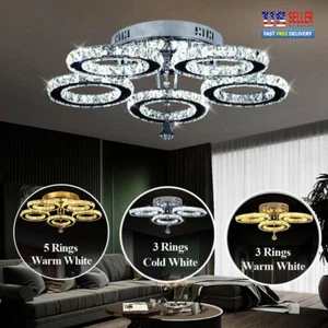 30/50W Crystal Ring Chandeliers Modern LED Ceiling Light Living Room Bedroom US - Picture 1 of 14