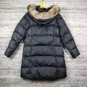 Eddie Bauer Down Coat Womens Large Black Puffer Quilted Faux Fur Hood Full Zip - Picture 1 of 9