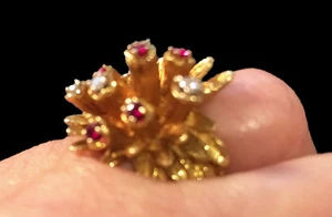 Estate Vintage Genuine 14K Gold Floral Cluster With Diamond & Ruby 6.5 Ring - Picture 1 of 3
