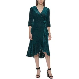 Calvin Klein Womens Green Velvet Midi Wrap Dress Petites 2P BHFO 3376 - Picture 1 of 2